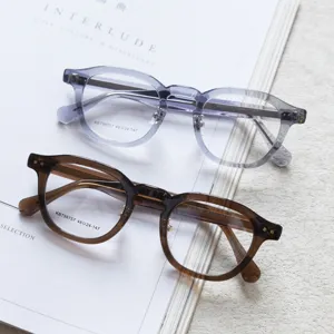 Detailed shot of retro thick-rimmed acetate optical glasses frames, literary style.