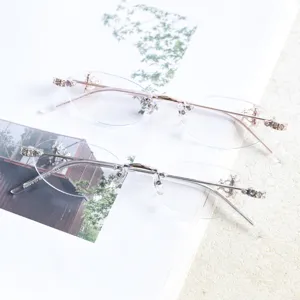Fashion luxury rhinestone rimless oval eyeglasses frame for women, chic trendy optical eyewear.