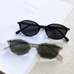 Detailed close-up view of retro oval sunglasses showcasing black and transparent gray frame styles.