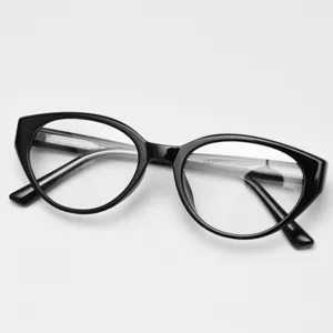 Detailed view of the stylish black cat-eye eyeglass frame, highlighting the glossy finish.