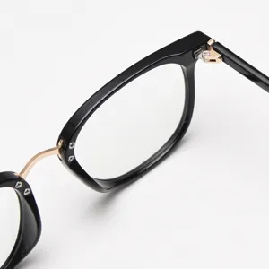 Gros plan d'une monture de lunettes rétro noire et dorée avec charnière métallique fine.