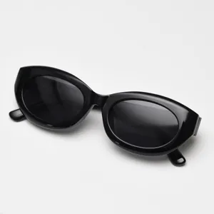 Close-up detail of black oval cat-eye polarized sunglasses, retro fashion eyewear piece.