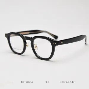 Closeup of vintage thick acetate optical glasses frame details, black stylish daily wear.