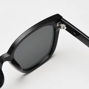 Close up detail view of black oversized sunglasses frame hinge and quality nylon lens surface.