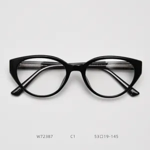 Detailed close-up view of the retro black cat-eye optical frames showing detailed specs.