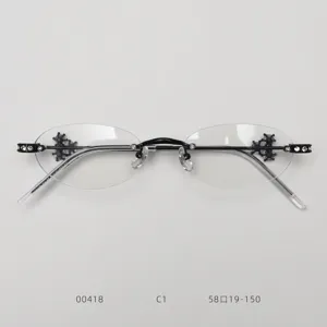 Detail showcase of stylish rimless oval eyeglasses frame featuring glittering rhinestones.