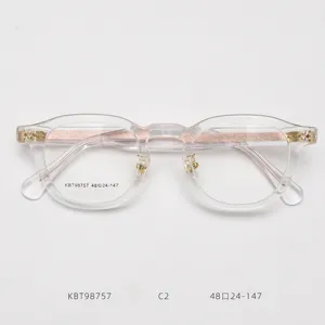Detailed view of clear transparent optical glasses frame with retro design and metal core.