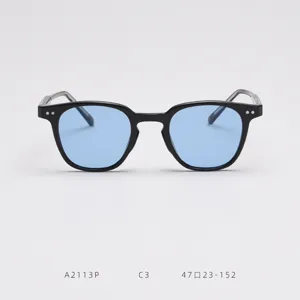 Lunettes de soleil polarisées noires élégantes avec verres bleus, rétro rondes protection UV.