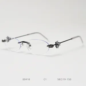 Fashionable rimless oval eyeglasses frame for women with rhinestone crystal temple decoration.