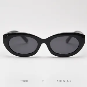 Detailed view of black TR90 retro oval cat-eye sunglasses frame, elegant and trendy design.