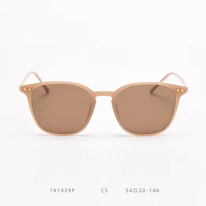 Detailed view of fashionable square polarized sunglasses with fine frames and neutral lenses.