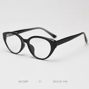 Close-up detail of stylish black optical eyeglasses frame, modern retro cat-eye design.