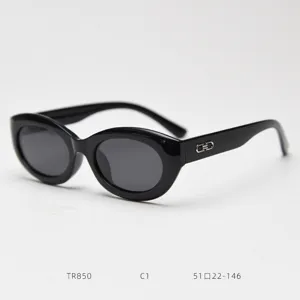 Detailed closeup of black retro oval cat eye polarized sunglasses with metallic temple detail.