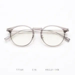 Detail view of T7164 TR90 retro round eyeglasses frame, clear grey optical glasses for women.