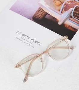 Detail view of stylish clear TR90 optical glasses frame, lightweight and trendy design.