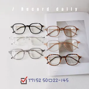 Detailed view of trendy polygonal TR90 optical glasses frames with slim metal temples in colors.