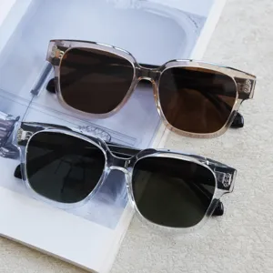 Detailed view of trendy oversized polarized sunglasses featuring clear and brown frames for daily wear.
