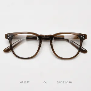 Detailed view of vintage TR90 optical glasses frame in brown, classic round shape, size 51-22.