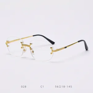 Vintage gold rimless glasses for men and women, luxury retro metal optical eyewear frames.