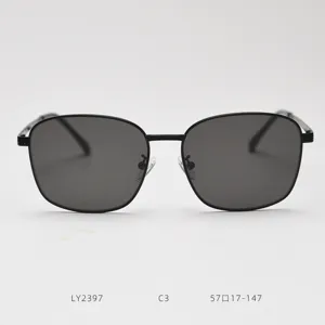 Detailed view of vintage metal frame square sunglasses, featuring dark lenses and stylish design.