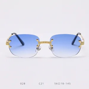 Vintage Rimless Gradient Blue Sunglasses Gold Metal Frame UV Protection Fashion Eyewear