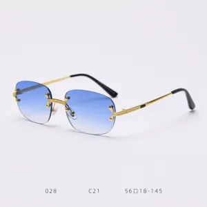 Luxury gradient blue rimless sunglasses for women and men, retro gold metal frame chic eyewear.