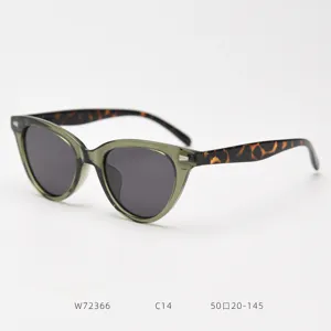 Detail view of stylish cat-eye polarized sunglasses with olive green frame and tortoiseshell temples.