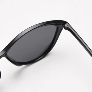 Detail close-up of black cat-eye sunglasses frame, featuring large lenses and trendy vintage style.