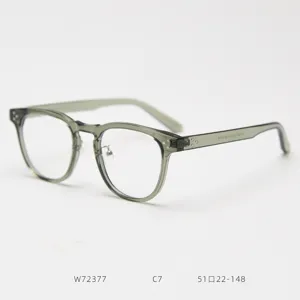 Detail view of vintage transparent green optical glasses frame, lightweight TR90 material.