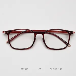 Close-up detail shot of the vintage burgundy TR90 optical glasses frame, temple and hinge.