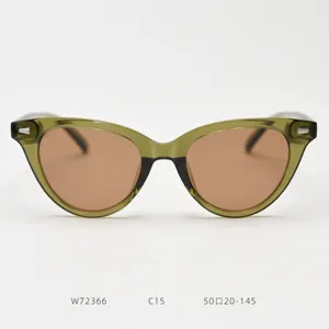 Cat-eye TR90 polarized sunglasses detail highlighting olive green frame and brown lenses.