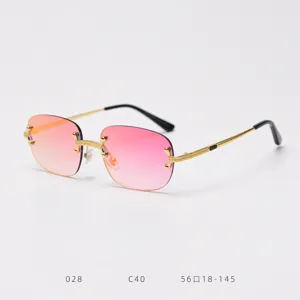 Gradient rimless sunglasses with vintage gold metal temples and stylish colored lenses for women.