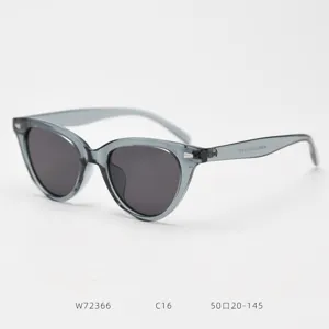 Detailed view of translucent grey cat-eye sunglasses frame, showcasing temple details.