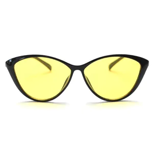 Retro black frame cat-eye sunglasses with yellow lenses for women, stylish trendy eyewear.