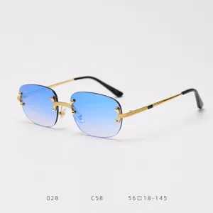 Fashion rimless gradient blue lens sunglasses with luxury gold metal temples for men and women