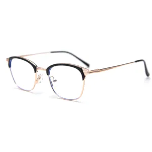 Retro metal half-rim glasses frame for men and women, stylish optical clear eyewear.