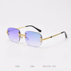 Trendy rimless sunglasses featuring gradient purple lenses and ornate gold metal frames.