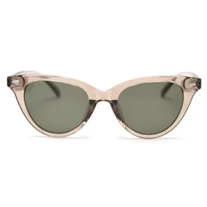 Vintage cat-eye sunglasses with translucent grey frames and dark green polarized lenses.