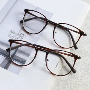Detailed shot of retro round plastic steel glasses frames in brown, stylish design.