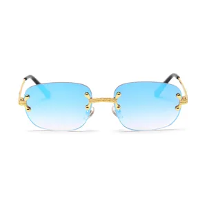 Stylish rimless sunglasses with blue gradient lenses and gold-tone metal frames for women and men.