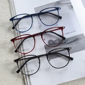 Detailed view of fashionable retro round optical glasses frames in three classic colors.