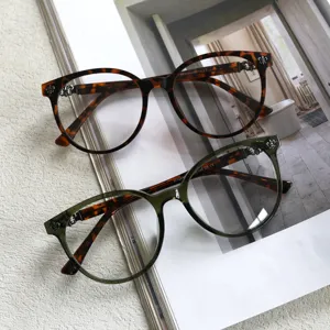 Detailed view of trendy large round eyeglass frames with stylish metal cross decor.