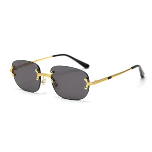 Luxury designer rimless sunglasses for men and women vintage gold metal frame eyewear stylish.