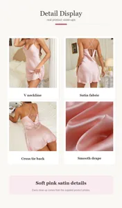 Détails de la nuisette en satin rose avec col en V, dos croisé et texture de tissu lisse.
