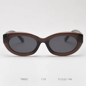 Detailed view of retro oval cat-eye sunglasses with brown frame and dark polarized lenses.