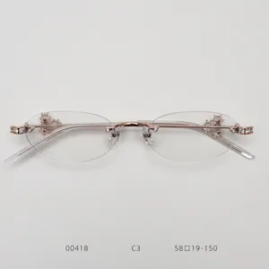 Fashion rhinestone rimless oval eyeglasses frame for women, chic metal optical glasses.