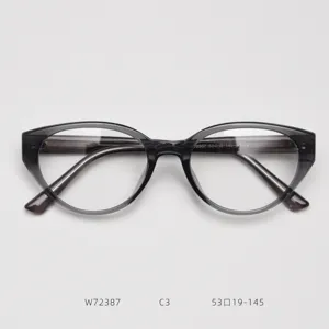 Detailed view of trendy grey cat-eye optical glasses frame with clear prescription lenses.