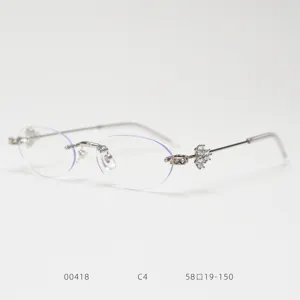 Rimless oval eyeglasses frames for women, stylish silver metal optical glasses with sparkling rhinestones.