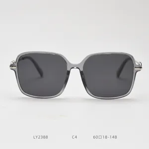 Detailed view of trendy oversized polarized square sunglasses, retro grey frame style.