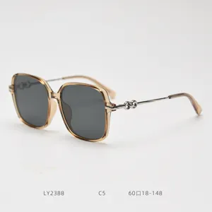 Detailed view of the stylish large-frame polarized sunglasses with gradient brown translucent rims.